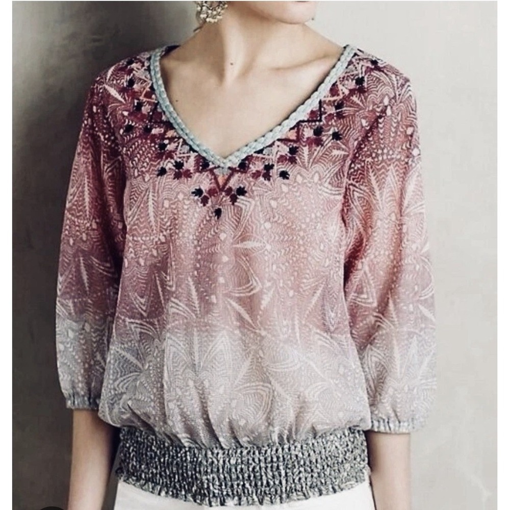 Akemi + Kin Blouse Women's‎ Small Boho Embroidered Sheer Mesh Pink Purple Top